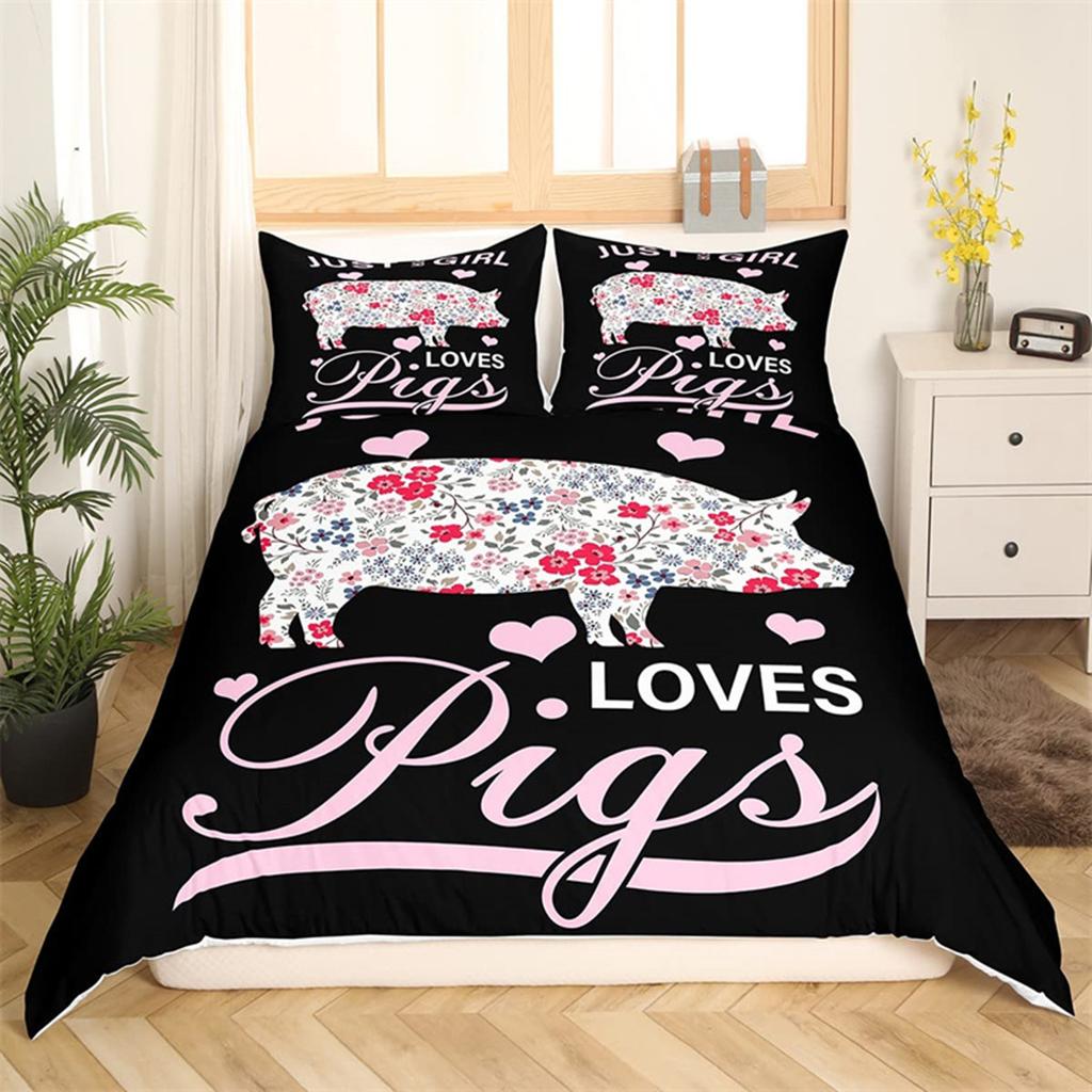 Cartoon Cute Pink Pig Duvet Cover for Children Boys Girls Microfiber Pigs Floral Cartoon Farm Animals Theme Bedroom Decorations