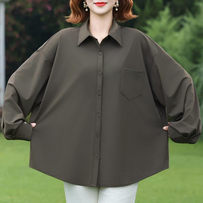 Plus Size Women's Loose Long Sleeve Button-Down Shirt, Solid Color Casual Office Blouse (3XL-7XL)