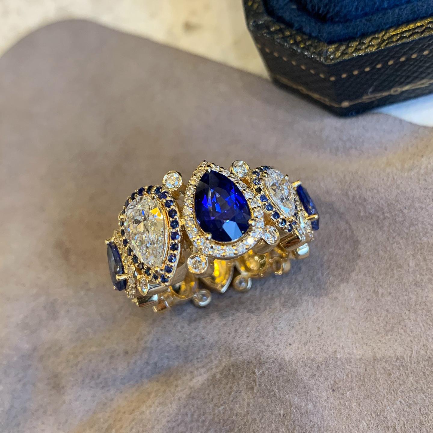 

Vintager Inspiration inlay Diamonds Sparkling Sapphire Water Drop rings for women Exquisite Original blue Ring Banquet Jewelry resizable синий