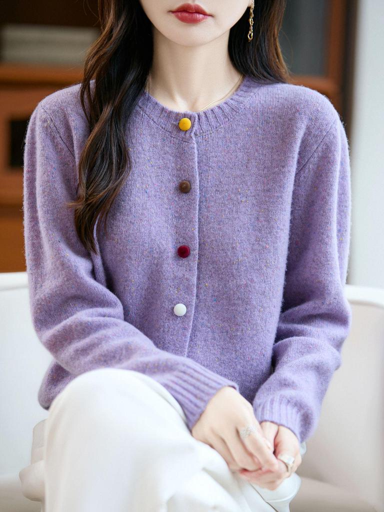Women's Heavyweight Wool Cardigan with Colorful Buttons and Dot Yarn - Warm Autumn Winter Outerwear Sweater Coat