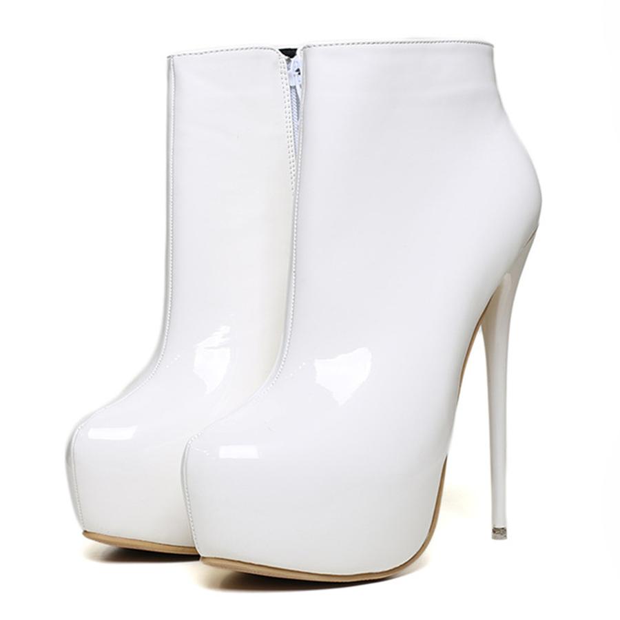 Fashion Big Size 35-44 Patent Leather Women Boots Round Toe Side Zipper Super High Heels 16CM Pumps 2025 Sexy Platform Party Shoes Woman