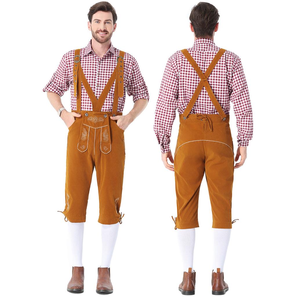 Men's German Bavarian Oktoberfest Costume Set Long Sleeve Plaid Shirt with Suspenders Pants, 2-Piece Outfit