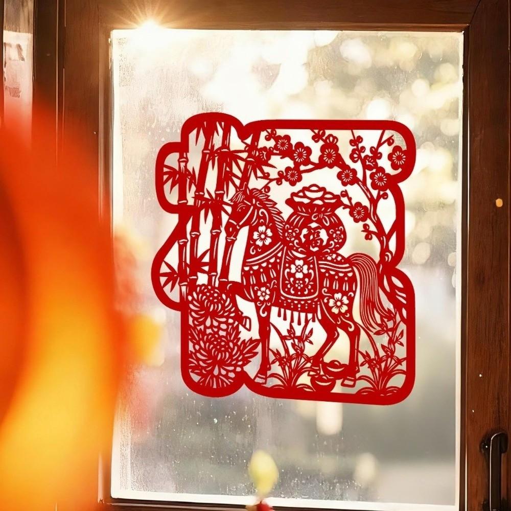 Horse Blessing Design Window Flowers Stickers Removable Flocking New Year Stickers Hollowed-out Thickened Wall Stickers