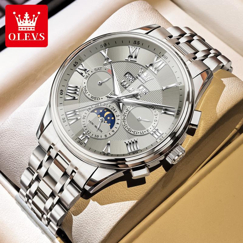 OLEVS 7113 Moon Phase Automatic Mechanical Men's Watches Fashion Rhombus Mirror Perpetual Calendar Luxury Business Man Watch New
