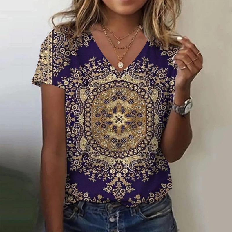 2024 Summer Breathable Comfortable Vintage 3D Floral Print V Neck Shirt Daily Home Short Sleeve T-Shirt Plus Size Women's Tops