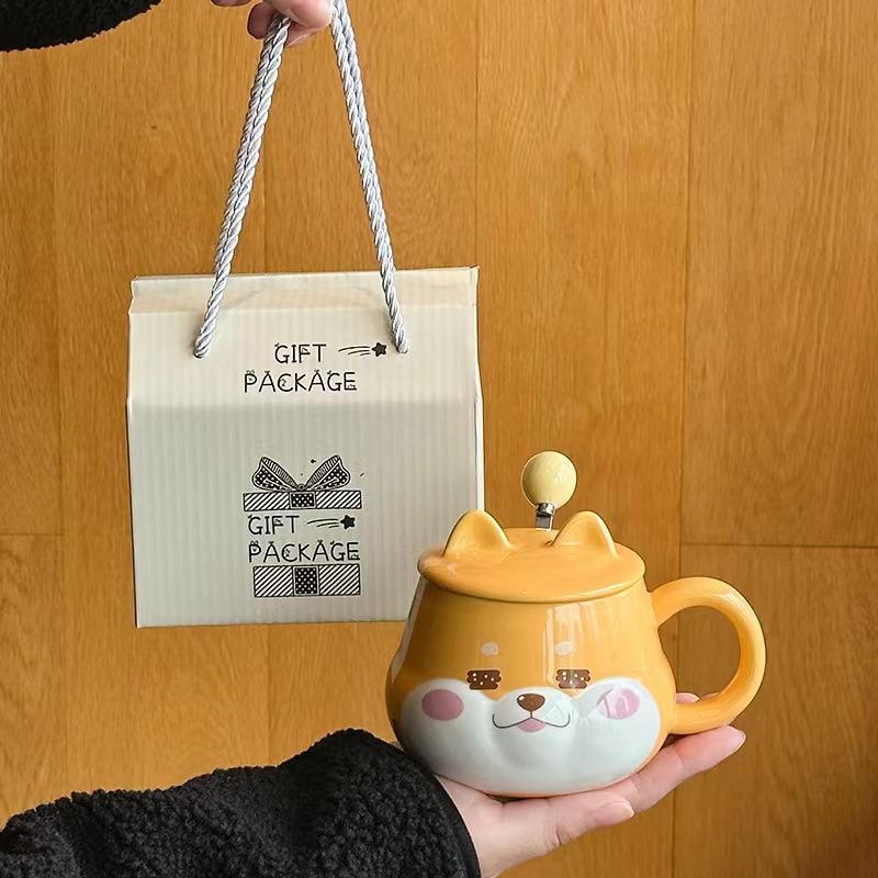 Tecknad Söt Shiba Inu Keramisk Mugg med Lock Högvärdig Vattenkopp Souvenirgåva Mugg Kreativ Mugg Valp