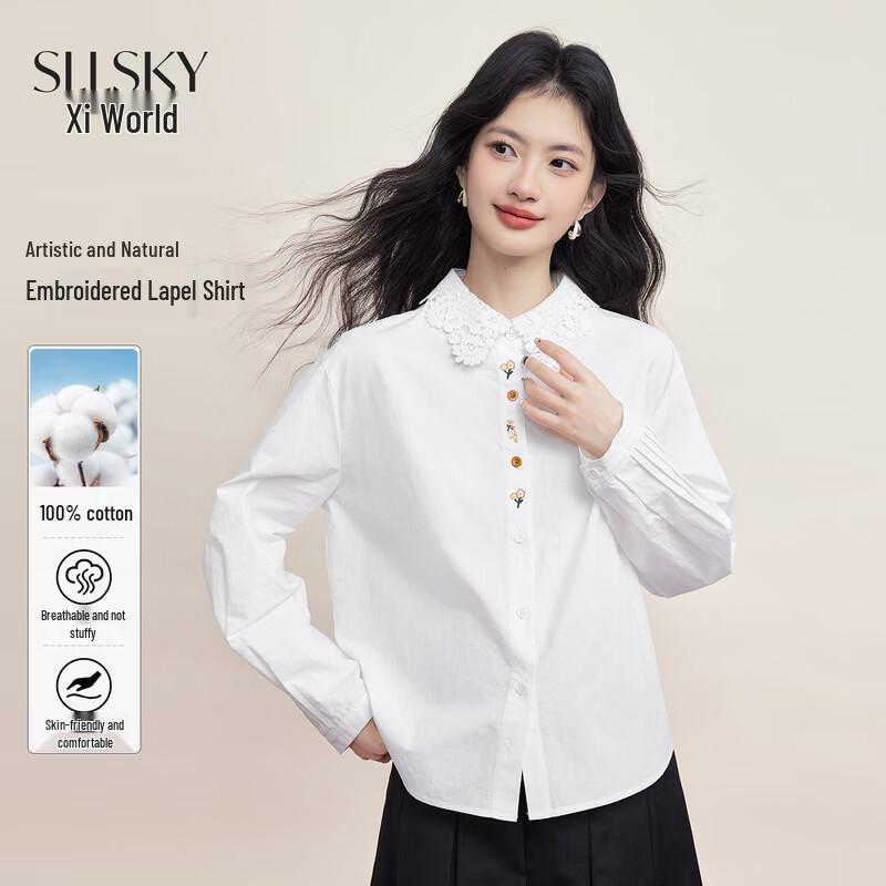 Sllsky Women s Embroidered Pure Cotton Lace Lapel Shirt M