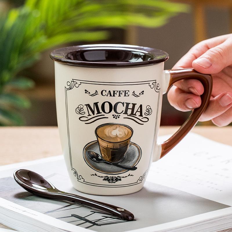 European Luxury Coffee Cup Cappuccino Latte Cup Retro Ceramic Spoon With Lid