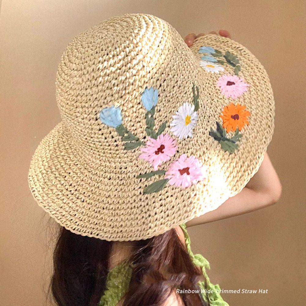 Embroidered Flower Flower Straw Hat Boho UV Protection Cap Sweet Women's Sun Hats  Travel