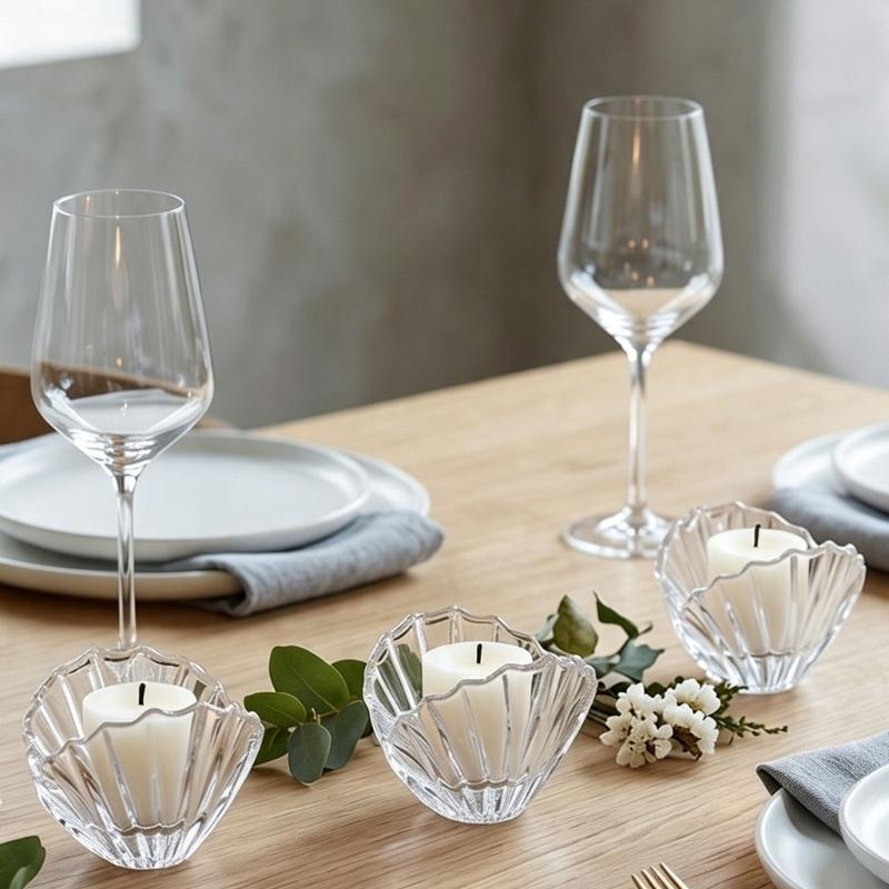 Shell Shape Glass Candle Holders with Clear Fluted Texture, Decorative Table Decors Candlestick Display for Desk, Side Table, Shelf, Bedroom, and