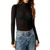 Women Sheer Mesh Polka Dot Long Sleeve Top Slim Fit Semi High Neck Stretchy Transparent T-Shirt Layering Base Shirt