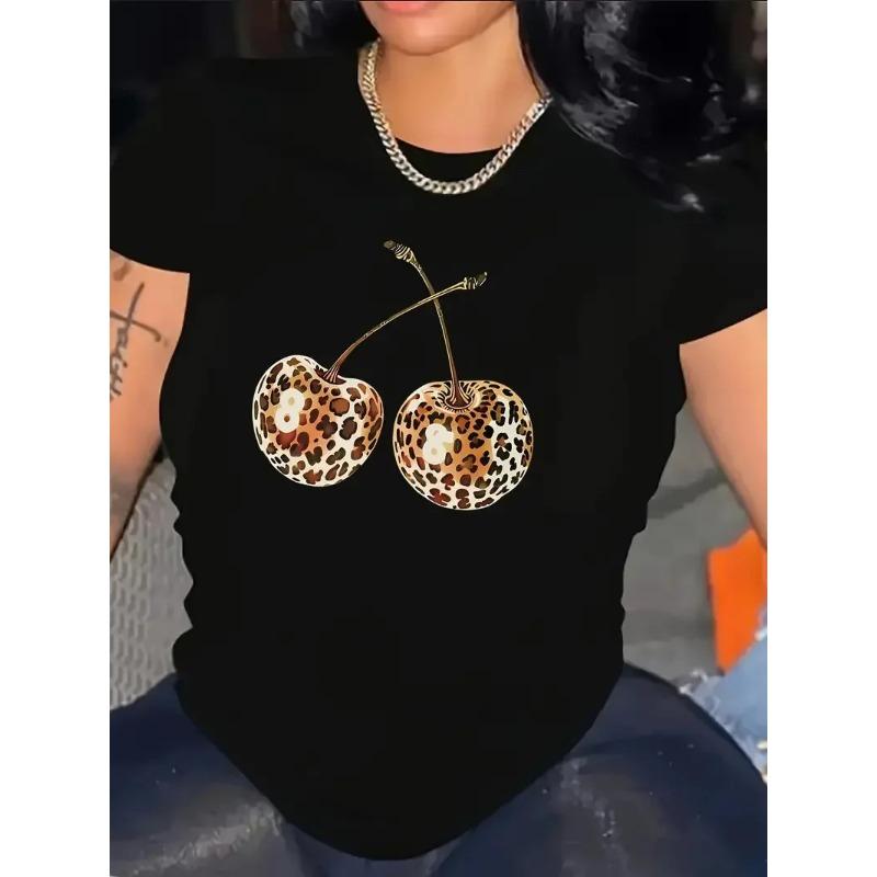 Summer Round Neck 3D Cherry Print Top Fashionable Casual Short Sleeved Women's T-shirts