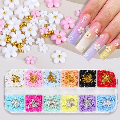 12 Grids 3D Acryl Blume Nagel Teile Dekoration Gemischte Stahl Perlen Edelsteine ​​Charms Kawaii Nägel Liefert Für Professionelle Zubehör