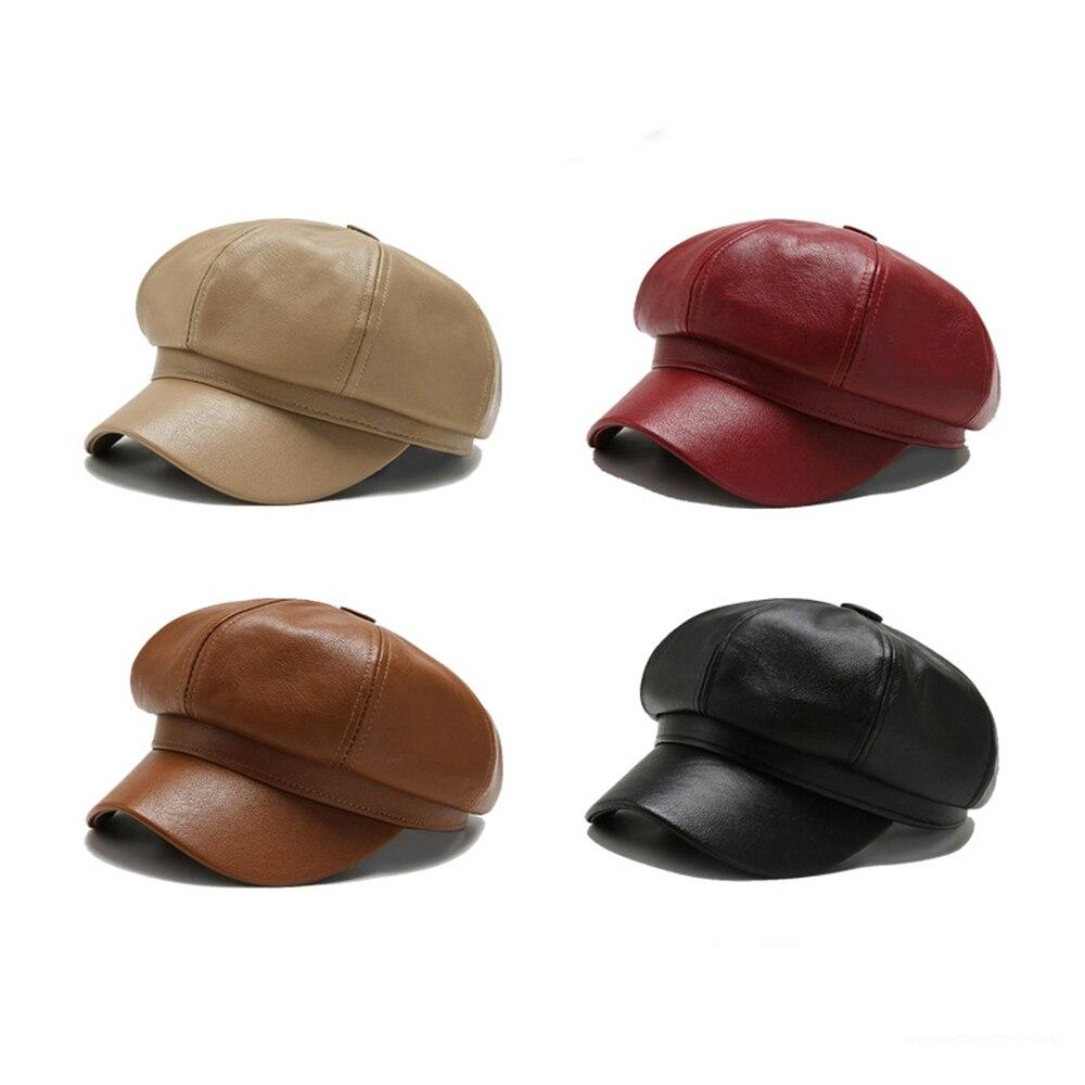 1pc Retro Fashion Women's Pu Leather Octagonal Hat Versatile Autumn And Winter Temperament Big Head Circumference Beret