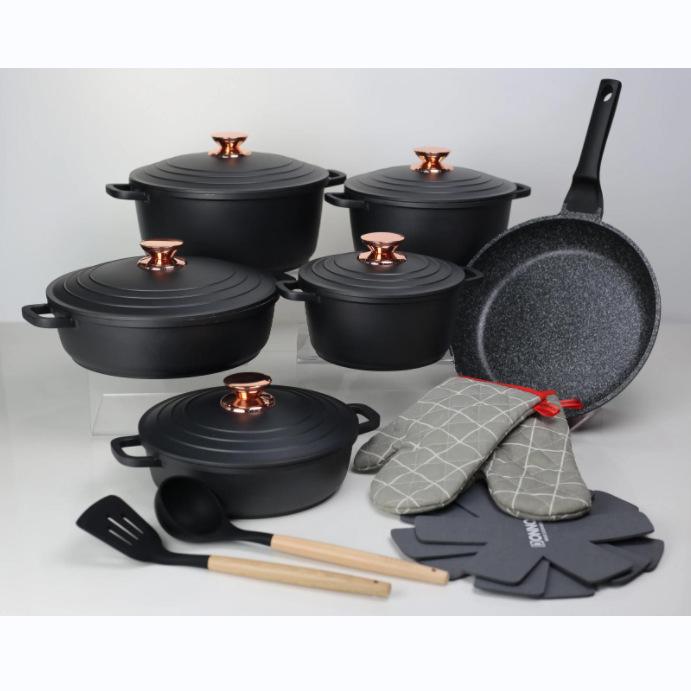 Zestaw 18-elementowych nieprzywierających naczyń kuchennych Donnor z kamienia maifanowego z aluminiowymi pokrywkami