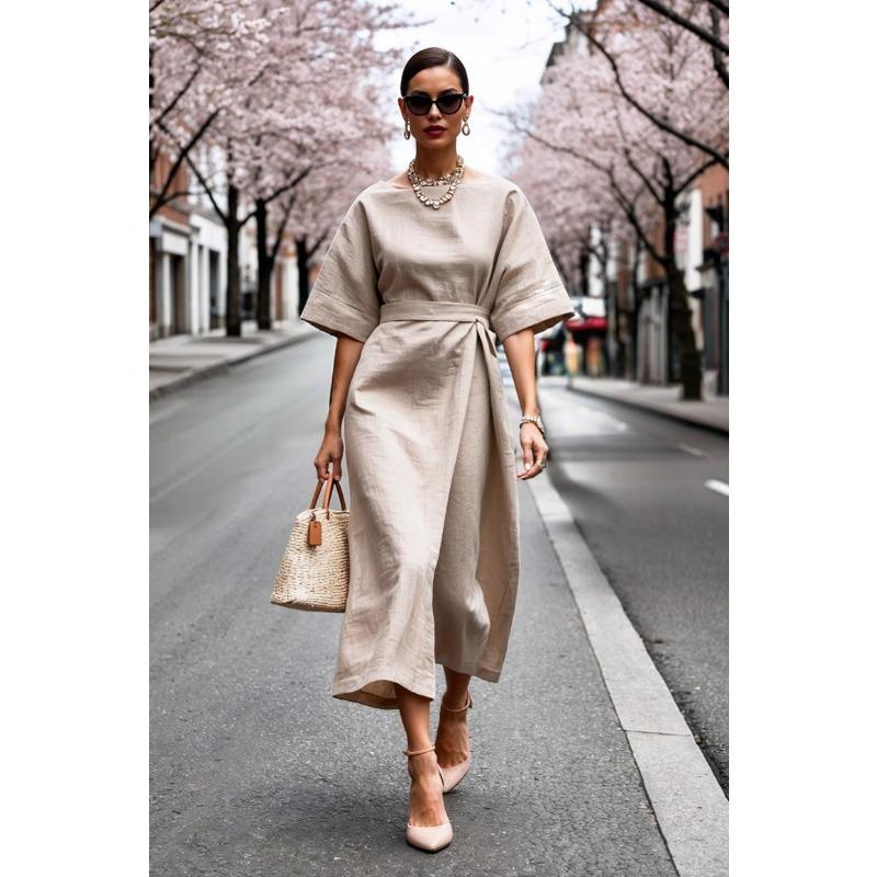 

JKASHDK Женские модные летние весенние однотонные повседневные платья с рукавами 1/2 и круглым вырезом с высокой талией XXL хаки