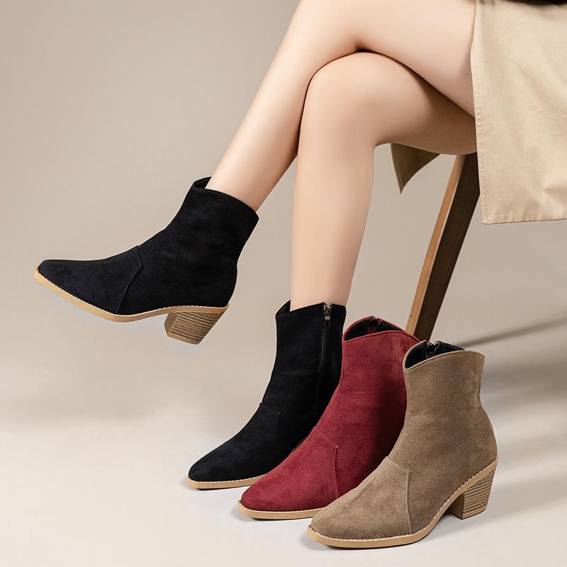 Fleece Warm Mid-heel Booties 2025 Winter New Plus-size Chunky Heel Side Zipper Martin Boots