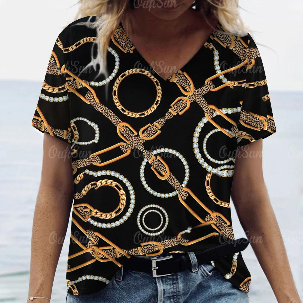 Camiseta feminina da moda verão 2024, estampa dourada, decote em V, tops, camisetas femininas, manga curta de luxo, roupa feminina, vintage, streetwear