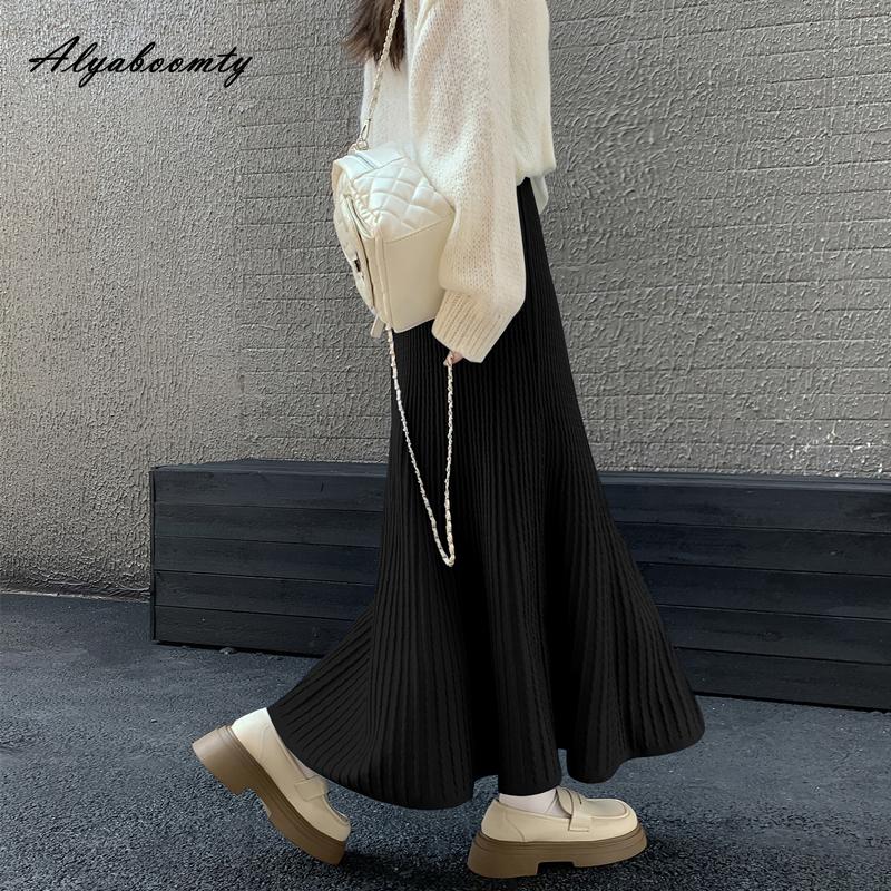 Koreanischer Stil Herbst Winter Damen Plisseerock Hohe Taille Beige Schwarz Rot Strick Langrock Dick Warm Gestrickt Eleganter Rock