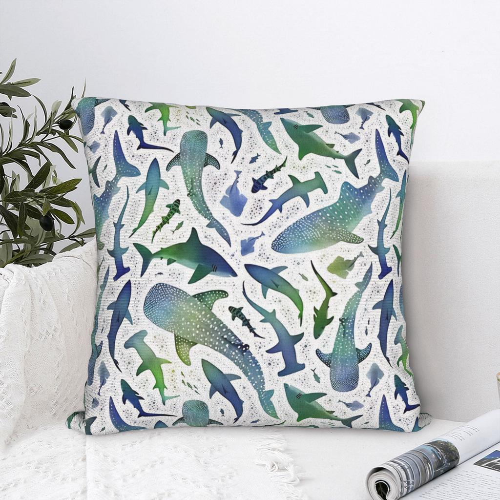 Monochrome Blue Watercolour Shark Ocean Pillowcases Cute Funny Pillow Case For Living Room Sofa Square Pillow Cover