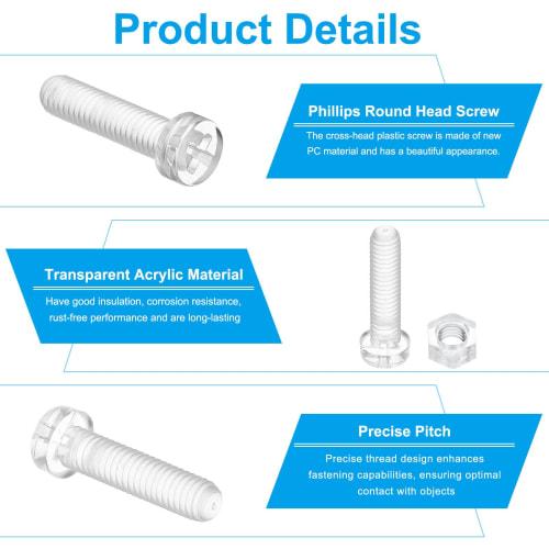 PATIKIL M3x12mm Acrylic Screws with Hex Nuts, Transparent Round Head Bolts for DIY Decoration, Display, Lightweight Models, and Handmade Projects, 30-