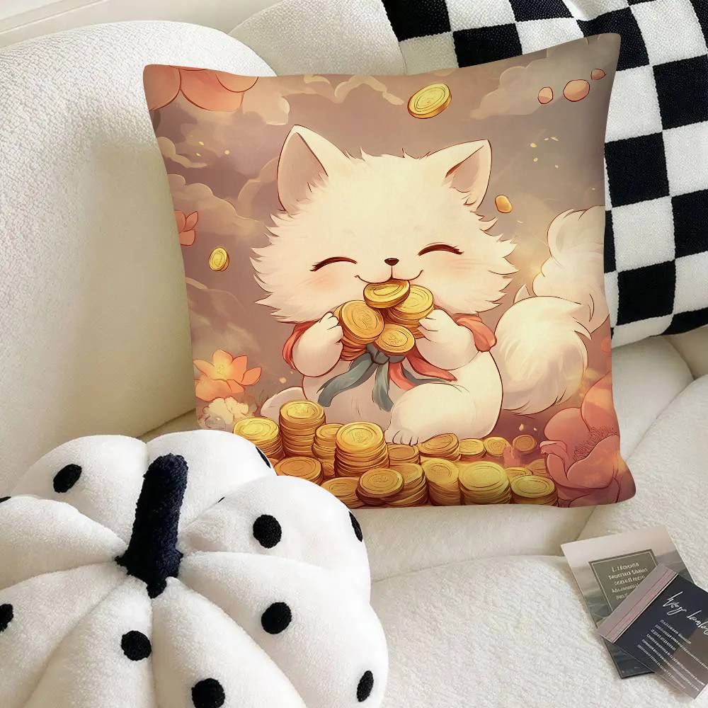 Cute Lucky Cat Pillow Case Fashion Square Pillowcase Bedroom Sofa Room Ins Decoration Leisure