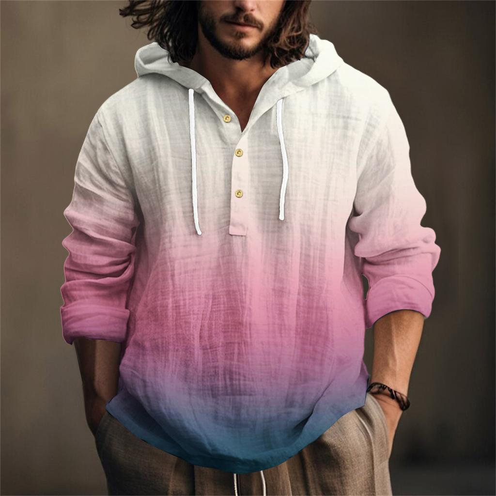 Camicia da Uomo Stampata in Cotone e Lino con Cappuccio a Maniche Lunghe con Cappuccio Primavera ed Estate Casual da Indossare Tutti i Giorni