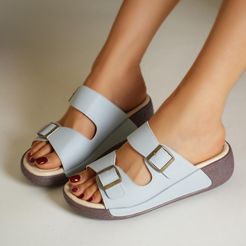 Double Buckle White Wedge Sandals Women Llightweight Summer Platform Slippers Woman Plus Size Casual Beach Flip Flops
