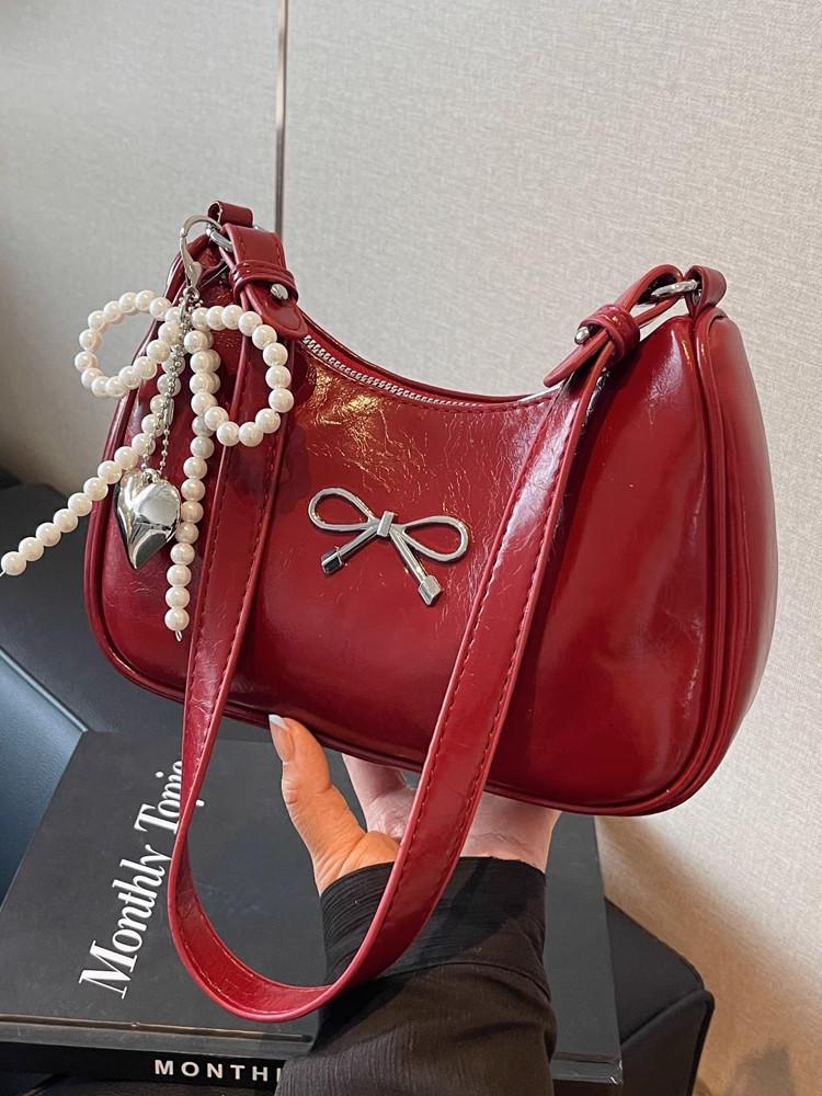 2026 Trendy Burgundy PU Leather Shoulder Bags Women's Exquisite Retro Bow Knot Zipper Messenger Bag Texture Fashi Lady Handbag