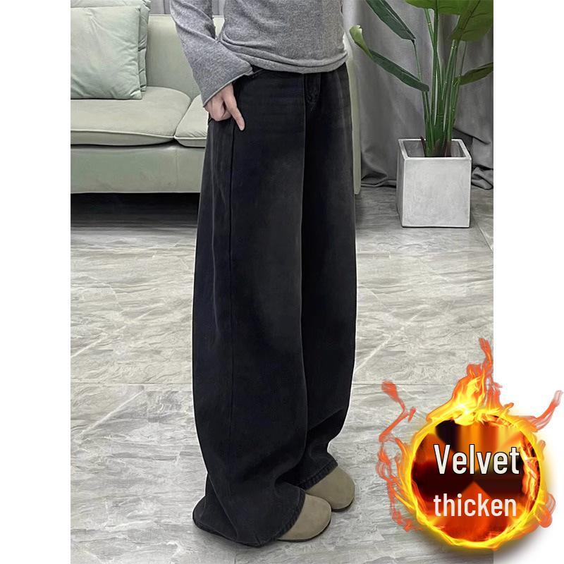 Women's Plus-Size Black-Gray Wide-Leg Jeans with Velvet, Slimming, Loose Fit for Autumn and Winter