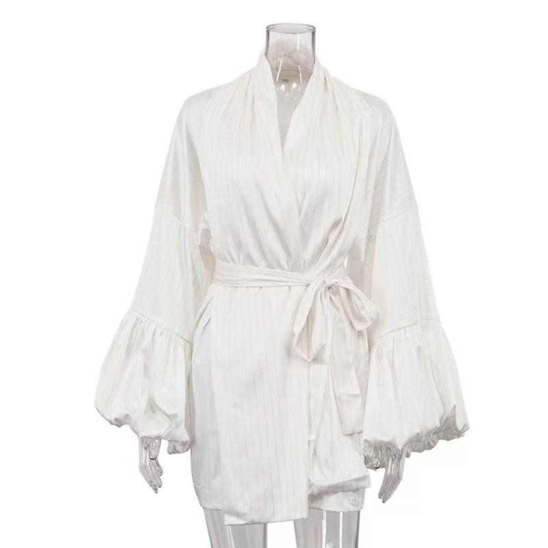 

Fashion Style Stripes Loose Casual Dress V-neck Puff Sleeve Shoelace Satin A- Line Skirt Striped Dress White L