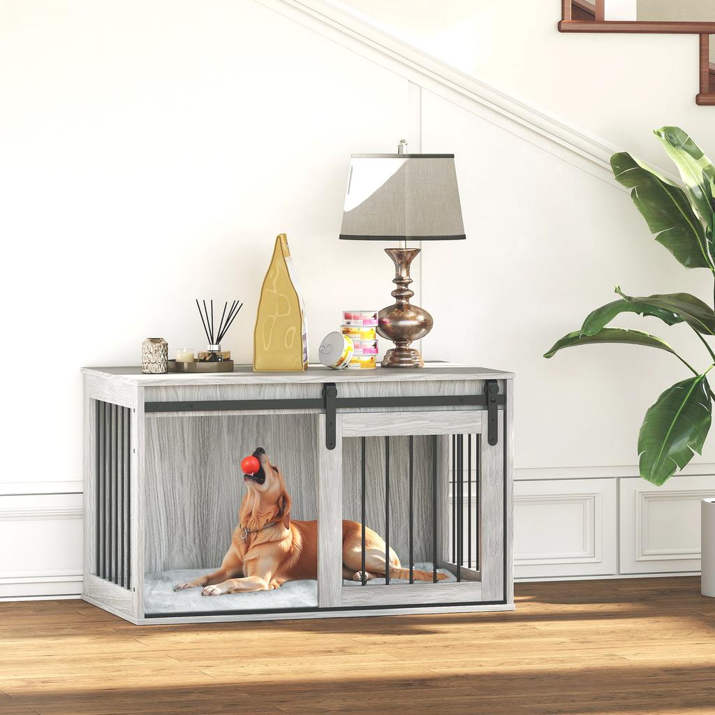 98cm Dog Crate Furniture With Removable Cushion For Large Dogs Grey