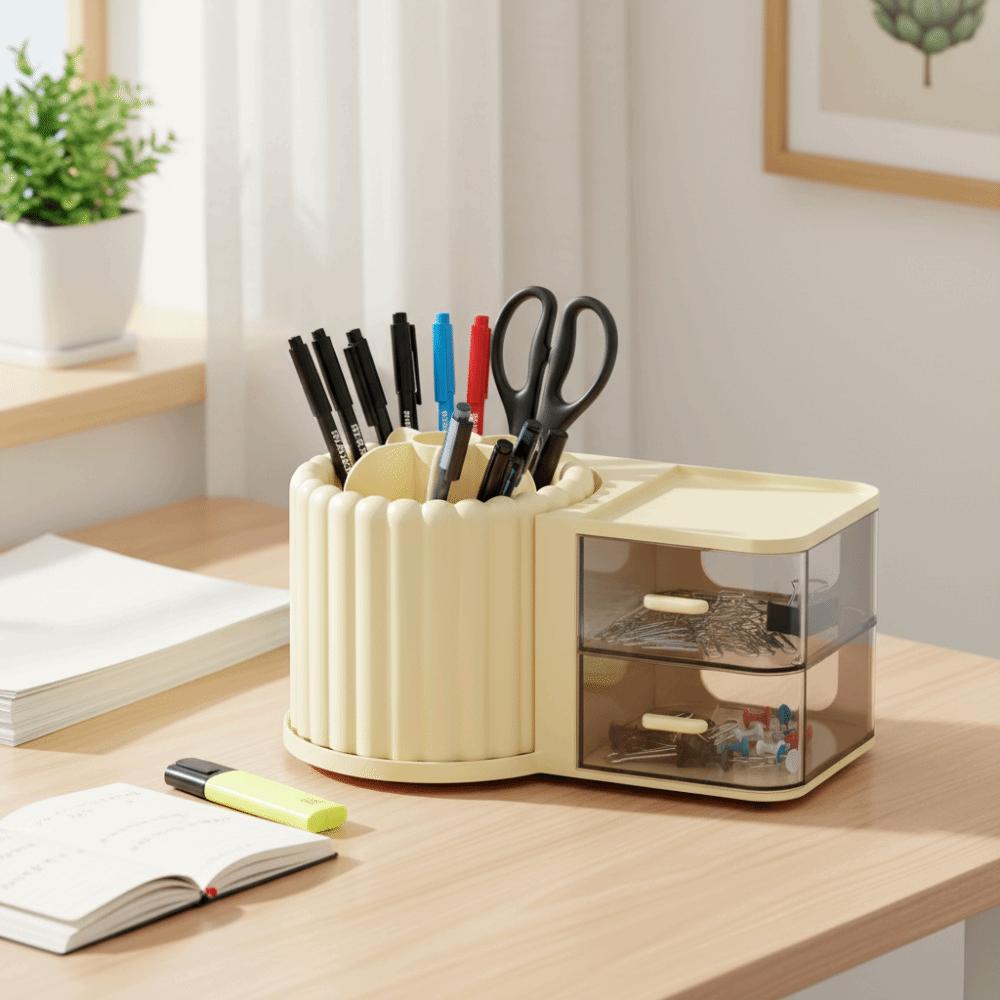 2 Drawers Makeup Brush Holder Large Capacity Desk Organizer Rotating Organizer  Stationery Storage