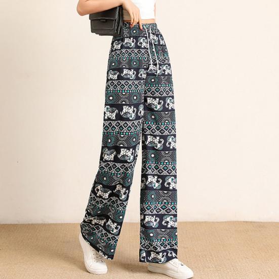 Pantaloni da Donna a Vita Alta Stile Etnico Vita Elastica Coulisse Stampa Elefante Retrò Gamba Larga Dritta Pantaloni Abbigliamento Femminile