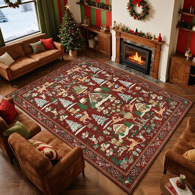 Christmas Carpet Mat Rug - Red Reindeer Tree Snowflake Pattern, Festive Living Room Soft Non-slip Floor Mat for Home Decoration