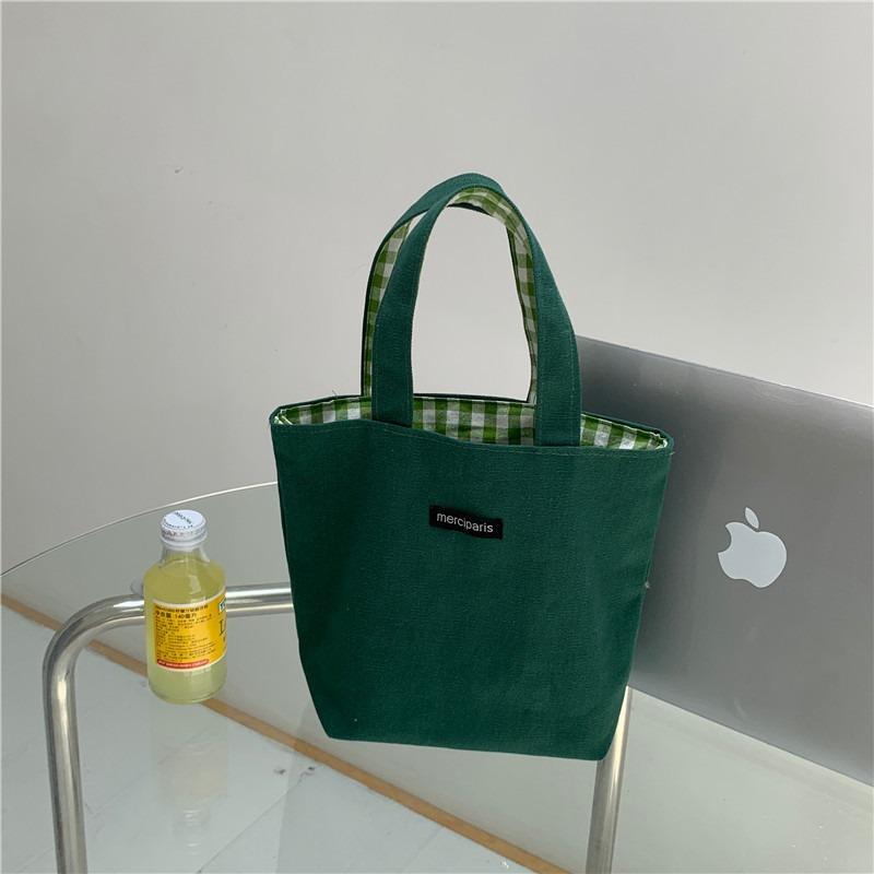 1 Fresh Double-sided Plaid Bag Dual-purpose Canvas Bag Tote Bag Female Student Handbag Bento Bag