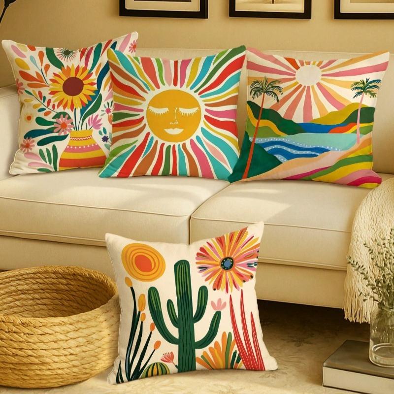 Floral Sunrise Cactus Throw Pillow Covers Bohemian Abstract Yellow Green Blue Pillowcases For Living Room Bedroom Sofa Bed Decor