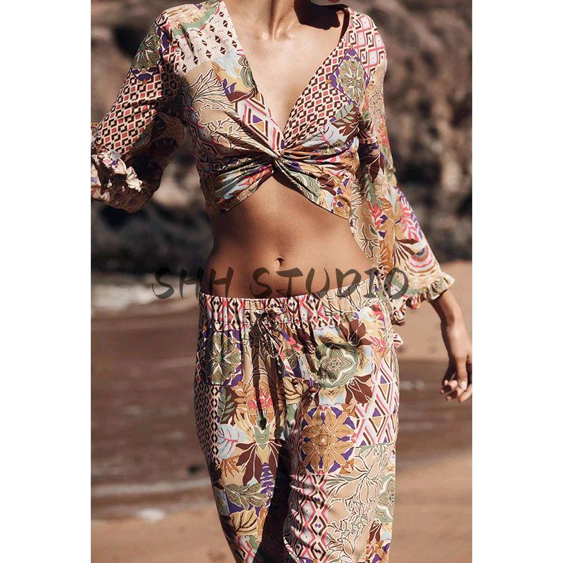 Holiday Style Print Long Sleeve V-neck Top 2880210 Print Loose High Waist Casual Trousers 2883210