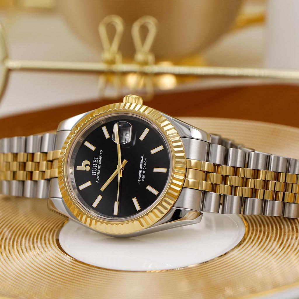 Automatic Mechanical Date Black Watch [BUREI] Men's Watch, Waterproof, Analog, Popular, Business, Display, Gold/Silver, Stylish, Simple, Luminous,
