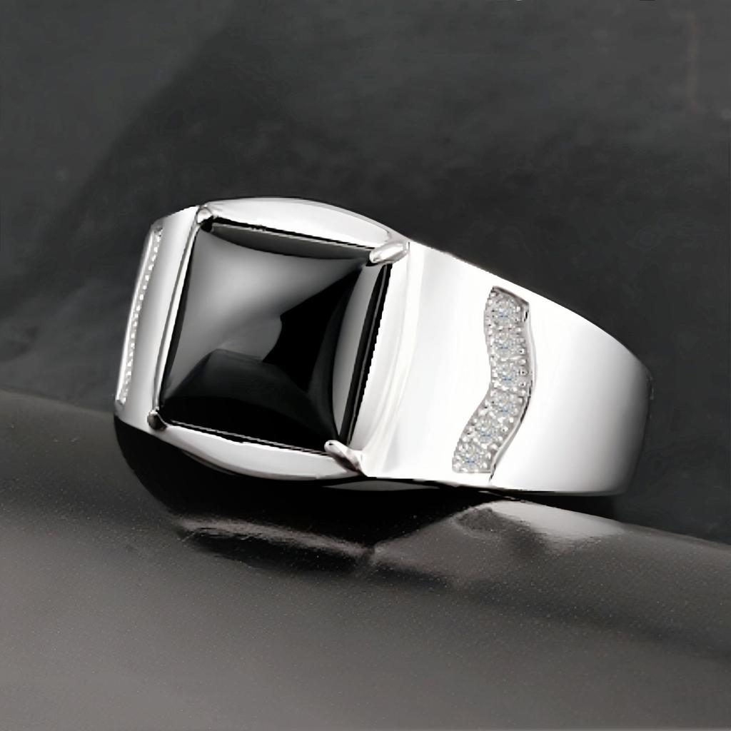 Men's Adjustable Black Agate Square Ring with Black Diamond - Korean Style and Smooth Finish