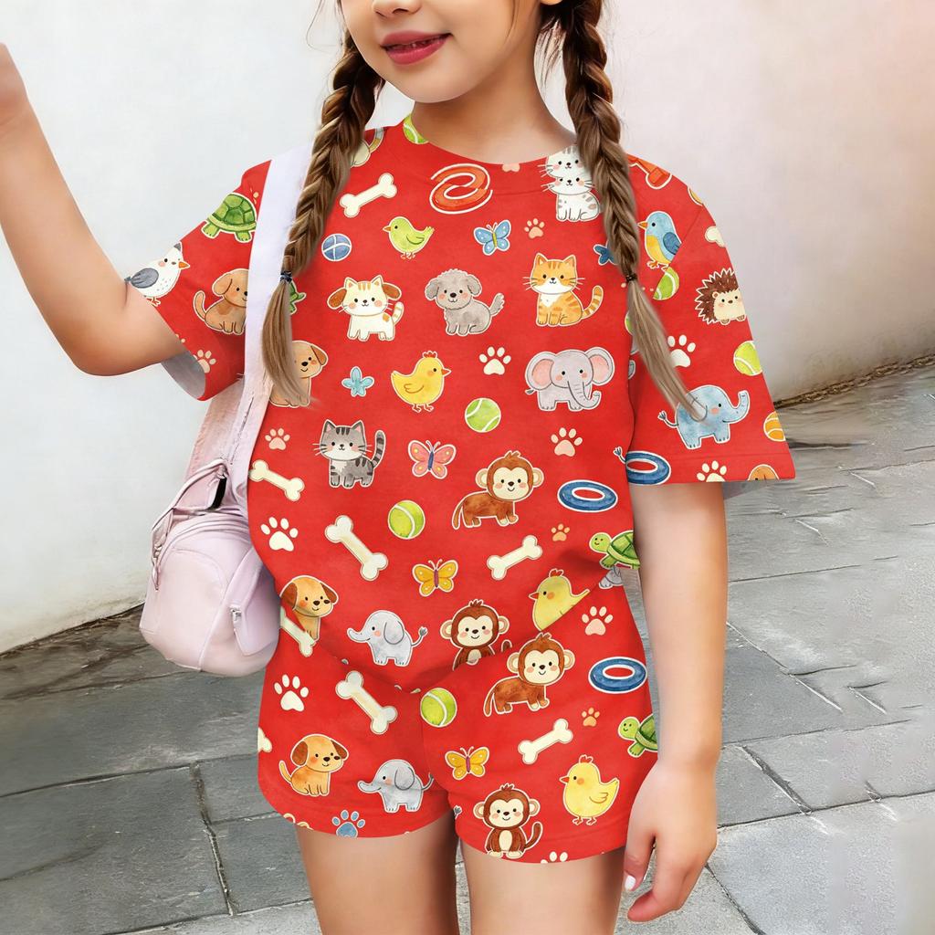 Kids Casual Short Sleeve Top and Shorts Set Animal Print Lightweight Comfortable Soft Fabric Summer Outfit for Boys and Girls