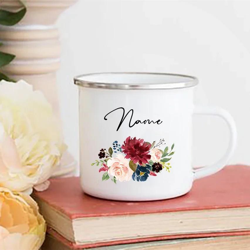Personalized Flower Custom Name Enamel Mugs Summer Outdoor Coffee Juice Mug Picnic Camping Handle Cup Teacher Mother Friend Gift