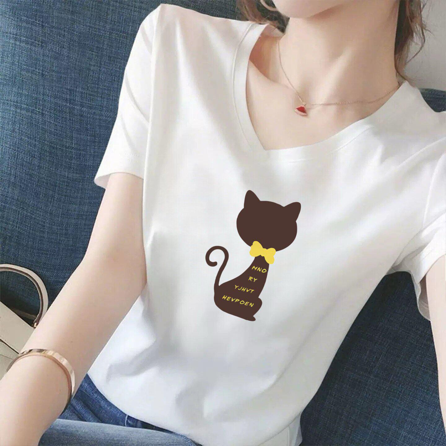 Trendy 2026 V-Neck Short-Sleeve Women s T-Shirt: Age-Defying, Chic, High-End Print S