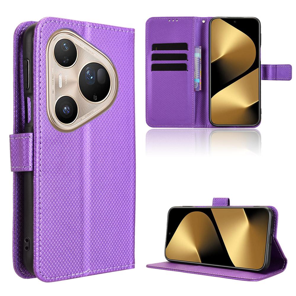 

For Huawei Pura 80 Ultra Leather Wallet Case with Strap Diamond Texture Phone Cover Purple