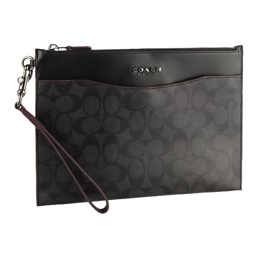 Coach Beckett 28 Monogram Zip Leather Document Clutch Medium Men Clutch Black Brown 91285-JILWO