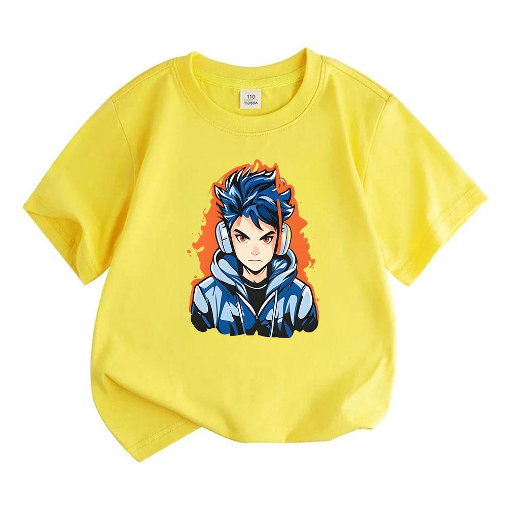 Kids 100% Cotton Crew Neck Short Sleeve T-Shirt, Cool Anime Blue Spiky Hair Gamer Boy Print Casual Soft Tee for Boys Girls Daily Wear