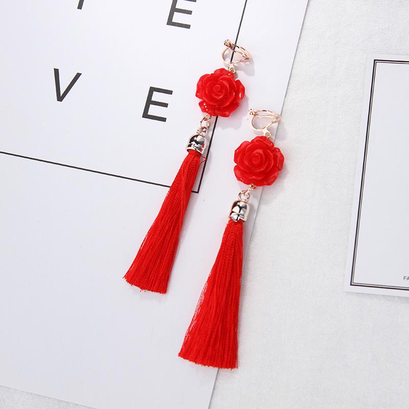 Hanfu-Inspired Red Tassel Clip-On Earrings with Chinese Knot Design