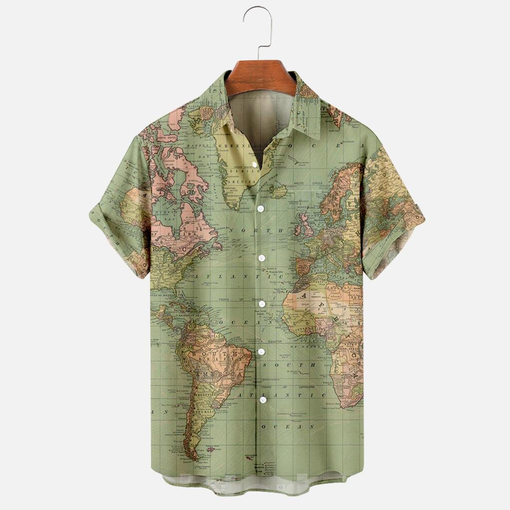 Breathable Quick Dry Short Sleeve Button Tops For Men, All Over Global Geographic Texture Relax Fit Vacation Travel Blouse
