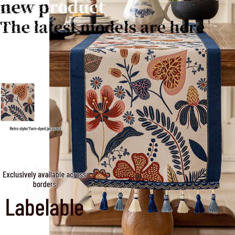 Americký retro etnický žakárový běhoun na stůl s třásněmi