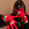 Funny and Cute Red Christmas Tree Big Eyed Gloves for Women In Winter Knitted Plush Warm Five Finger Windproof and Cold Proof